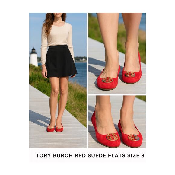 Tory Burch Red Suede Ballet Flats Size 8 – Classic Logo Flats - Picture 1 of 8